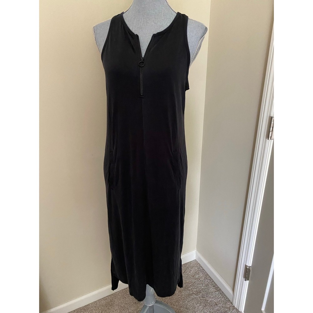 FLX Women's Black Midi Dress with Zipper Detail and Pockets s1